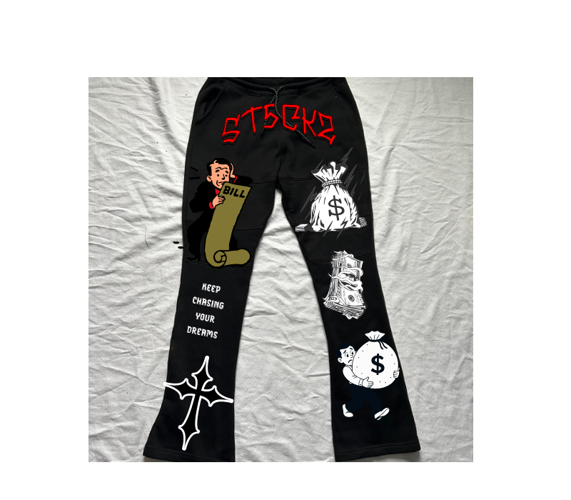 Black Flared Sweatpants – Money Bag Graphic Print | ST5CKZ