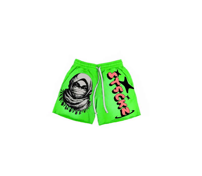 ST5CKZ- GREEN MASKED ARAB ACID SHORTS